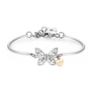 Bracciale in acciaio con farfalla decorata da cristalli e charm "Friend"