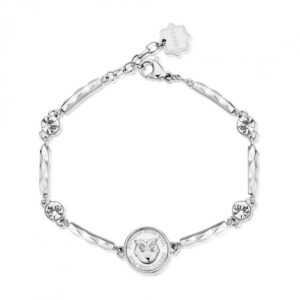 Bracciale in acciaio con cristalli e medaglietta gufo portafortuna.