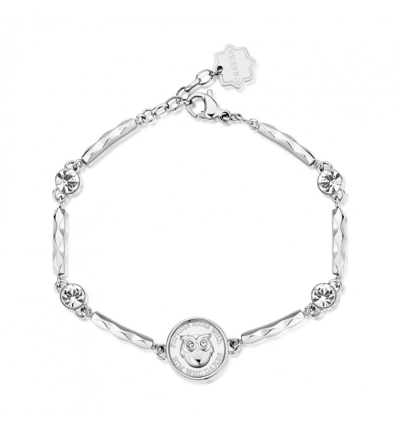 Bracciale in acciaio con cristalli e medaglietta gufo portafortuna.
