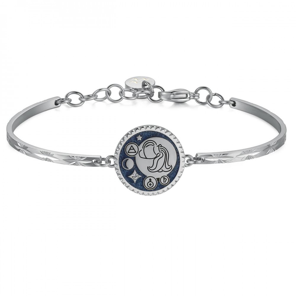Bracciale in acciaio con segno zodiacale Acquario smaltato su base blu: un simbolo di originalità e indipendenza.