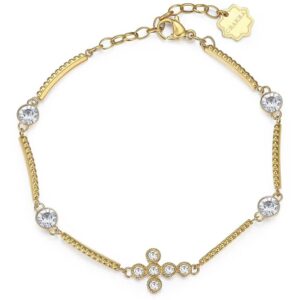 Bracciale dorato con croce centrale e cristalli. Raffinato e spirituale, perfetto per esprimere eleganza e fede.