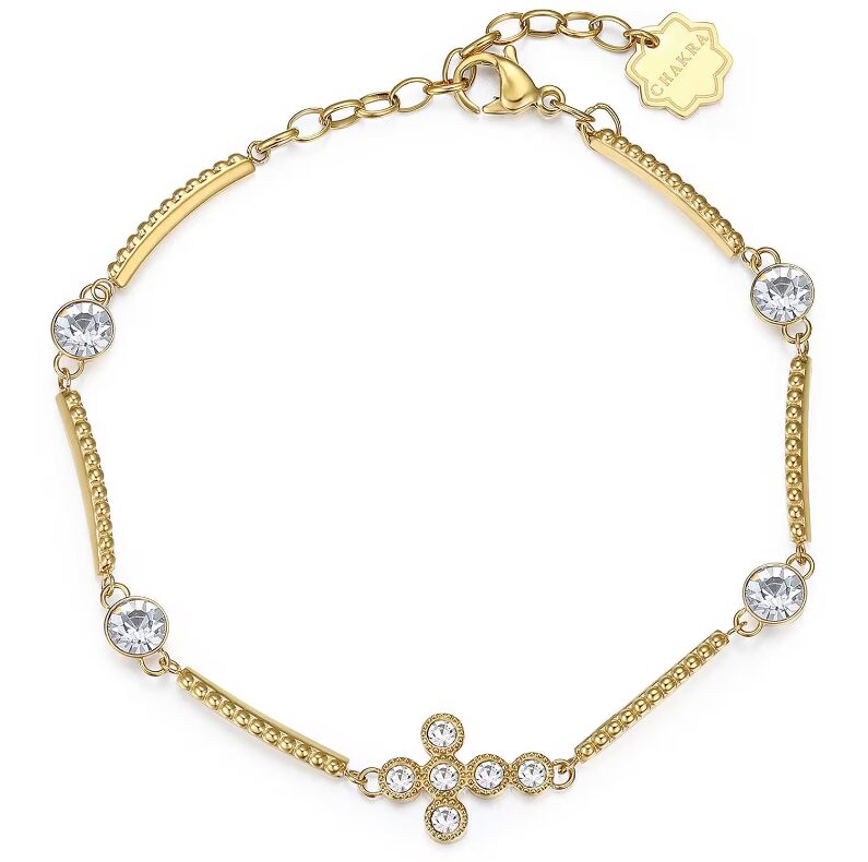 Bracciale dorato con croce centrale e cristalli. Raffinato e spirituale, perfetto per esprimere eleganza e fede.