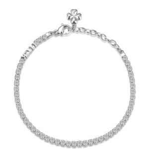 Bracciale tennis in acciaio con cristalli e charm quadrifoglio.