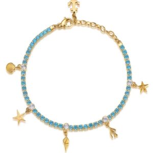 Bracciale in acciaio dorato con cristalli azzurri e pendenti marini: l’estate al polso, ogni giorno dell’anno.