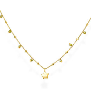 Collana Amen Candy Charm in Argento 925 placcato oro giallo, decorata con charm a forma di stella e pietre verdi per un look fresco e luminoso.