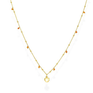Collana Amen Candy Charm in Argento 925 placcato oro giallo, con ciondolo a angelo e cristalli arancioni, per un look simbolico e raffinato