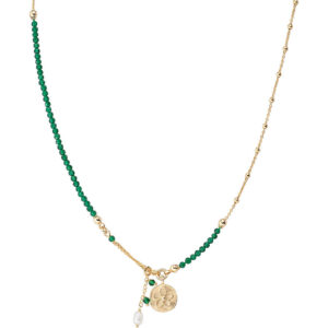 Collana Amen Collezione Rainbow in Argento 925 placcato oro giallo con perline verdi e ciondolo floreale: eleganza e colore in un unico gioiello.