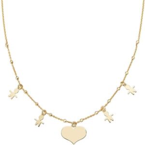Collana Amen Bobolini in Argento 925 placcato oro giallo, con ciondoli a forma di bimbo, bimba e cuore, per portare sempre con sé l'amore della famiglia.