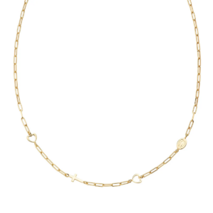Collana Amen Prega Ama in Argento 925 placcato oro giallo, con charm a cuore, croce e medaglietta miracolosa, per uno stile elegante e spirituale.