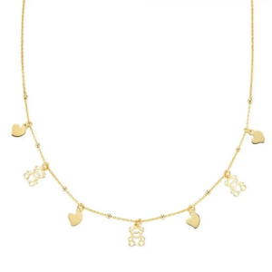 Collana Amen Elementi in Argento 925 placcato oro giallo con cuori e orsetti pendenti: un gioiello tenero e romantico, perfetto per ogni occasione.