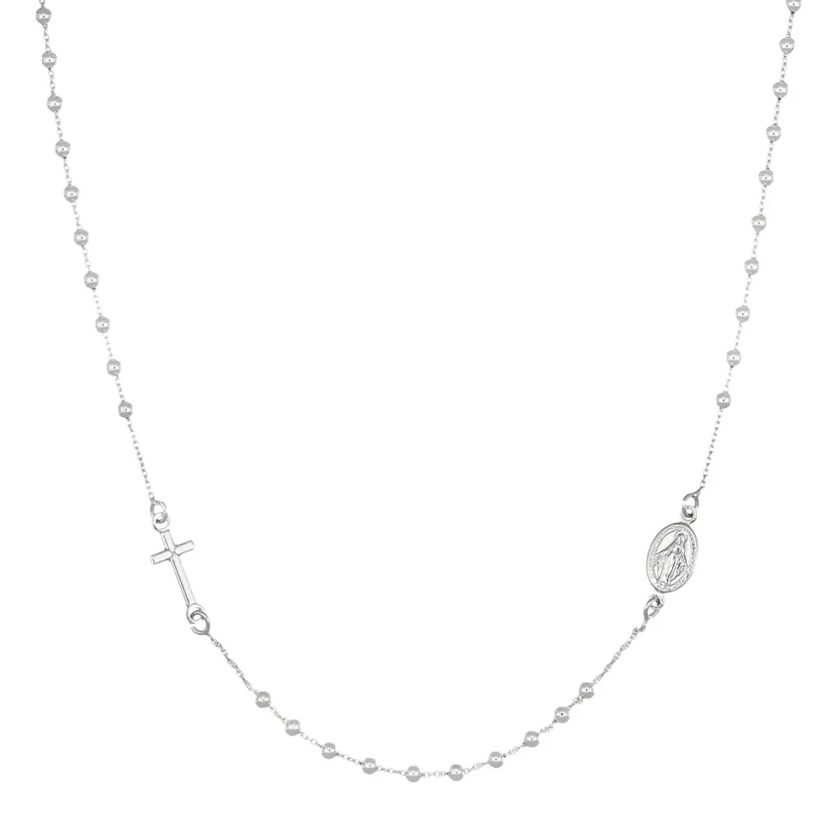 Collana Amen Rosario in Argento 925 con croce stilizzata e medaglia miracolosa, simboli di fede e protezione. Elegante e significativa, perfetta per ogni occasione spirituale.