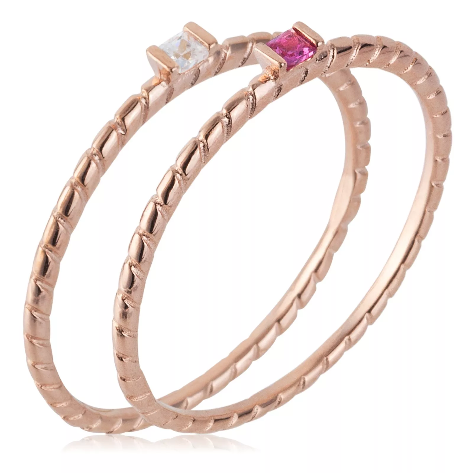 Set di 2 anelli rosé Morellato con pietre bianche e rosa taglio quadrato. Design sottile e intrecciato, perfetto per un tocco femminile e moderno.
