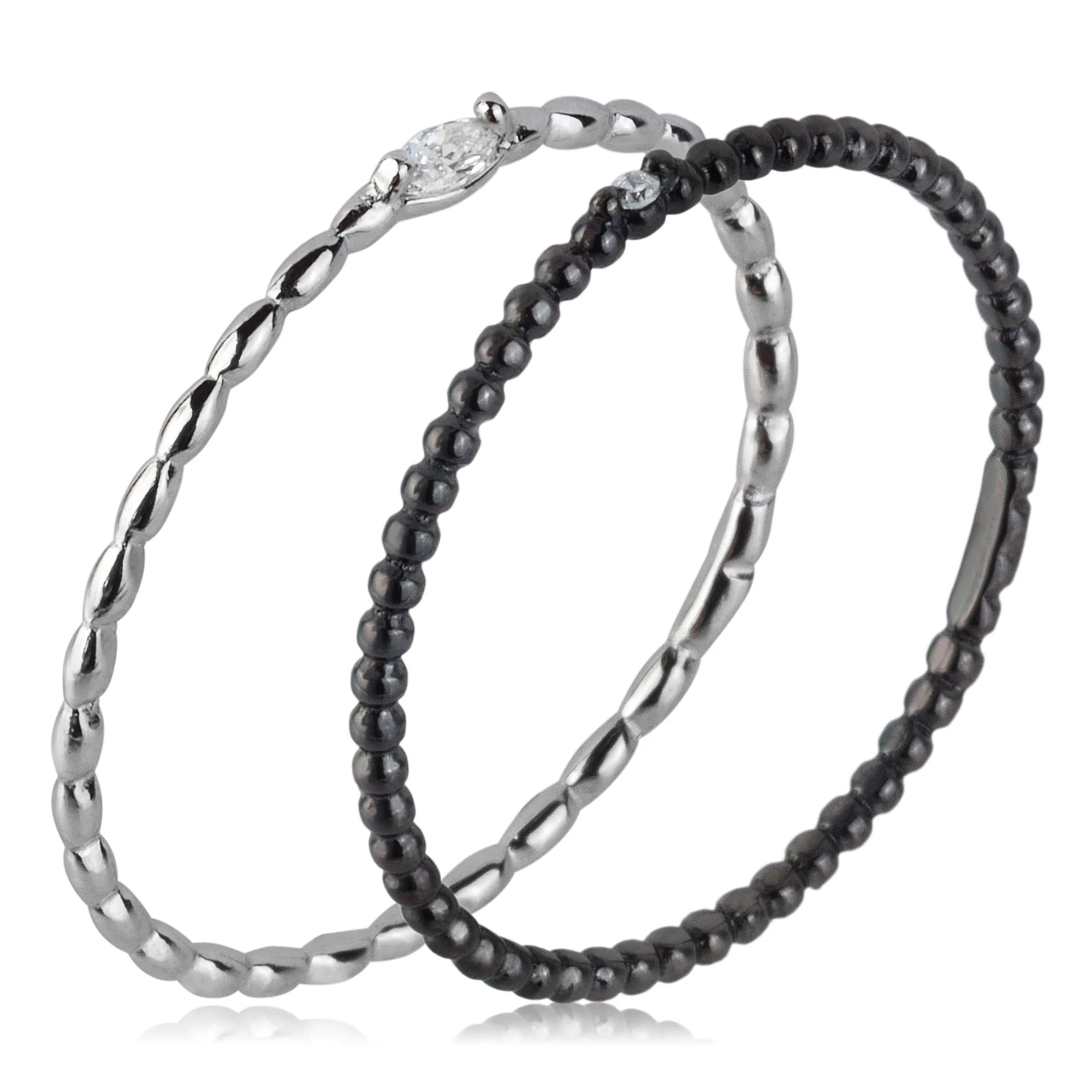 Set di 2 anelli in acciaio Morellato, uno lucido con pietra taglio marquise e uno in acciaio scuro perlinato. Eleganza discreta in perfetto stile retrò.