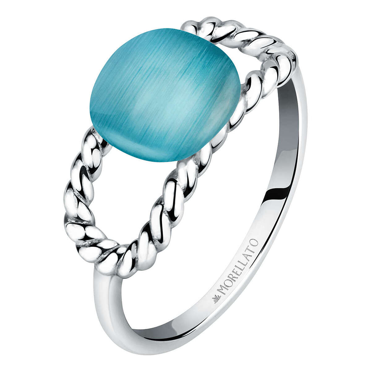 Anello Morellato 1930 SATP19014 in argento 925 con pietra azzurra effetto cat eye. Eleganza e design intrecciato per un look d’impatto.