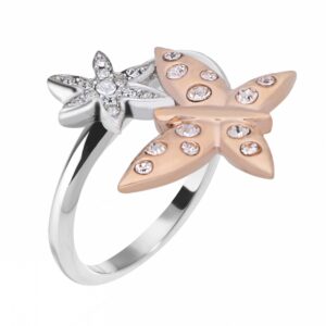 Anello Morellato Natura: farfalla in oro rosa e fiore argentato con cristalli. Un gioiello elegante e simbolico che esprime rinascita e femminilità.