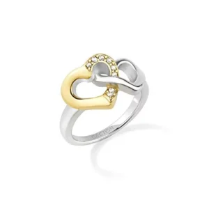 Anello Sector Family e Love in acciaio con cuori intrecciati placcati oro e decorati da cristalli: simbolo di unione e amore, perfetto da regalare.