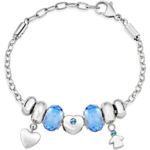 Bracciale Morellato Drops con charm cuore e bambino, cristalli azzurri e acciaio lucido: un gioiello che racconta affetti e ricordi preziosi.