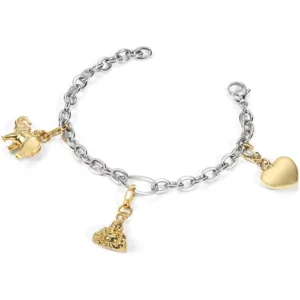 Bracciale Morellato Allegria in acciaio bicolore con charm dorati portafortuna: amore, protezione e armonia sempre con te.