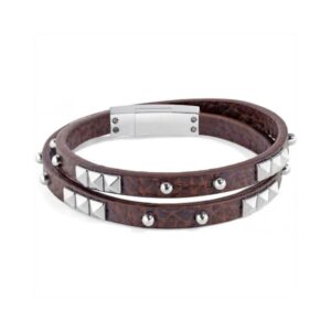 Bracciale Sector doppio giro in pelle marrone con borchie in acciaio: perfetto per uno stile rock autentico e deciso.