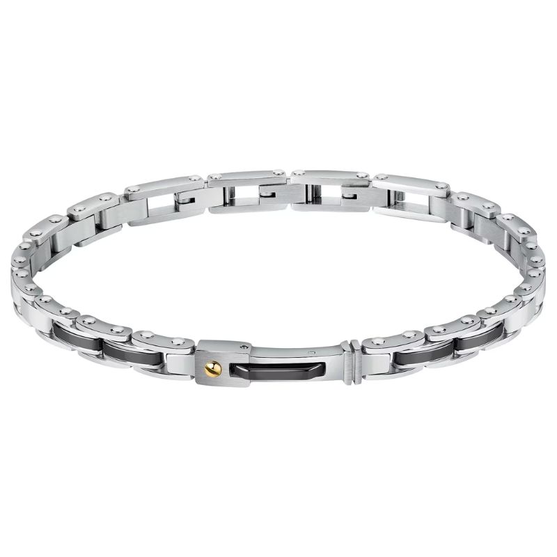 Bracciale uomo Sector in acciaio e ceramica nera con elegante vite dorata, perfetto per look moderni e raffinati.