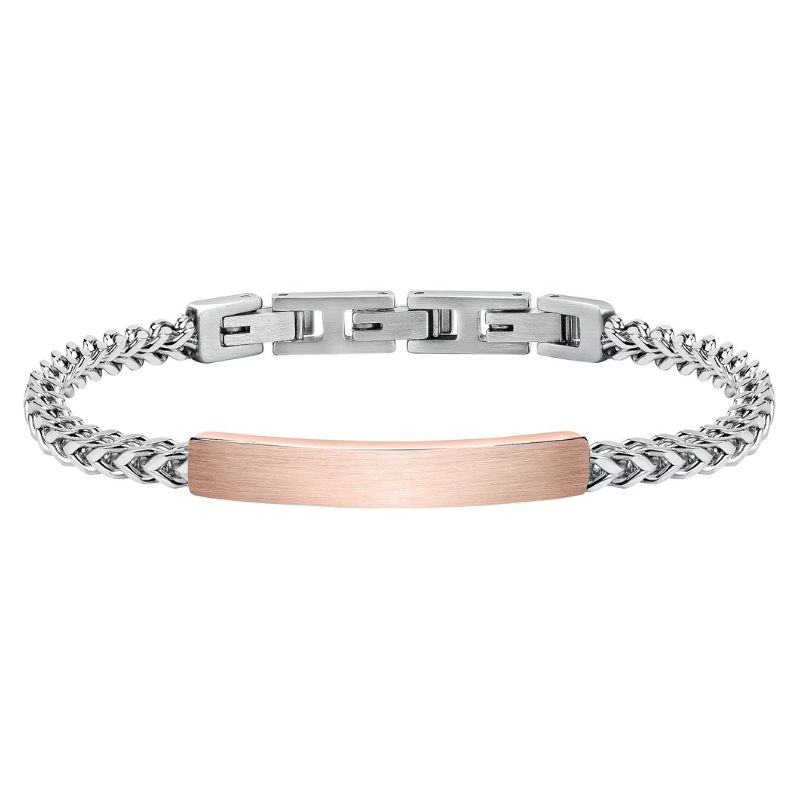 Bracciale uomo Sector in acciaio con catena intrecciata e piastra oro rosa satinata: perfetto mix tra eleganza e modernità.