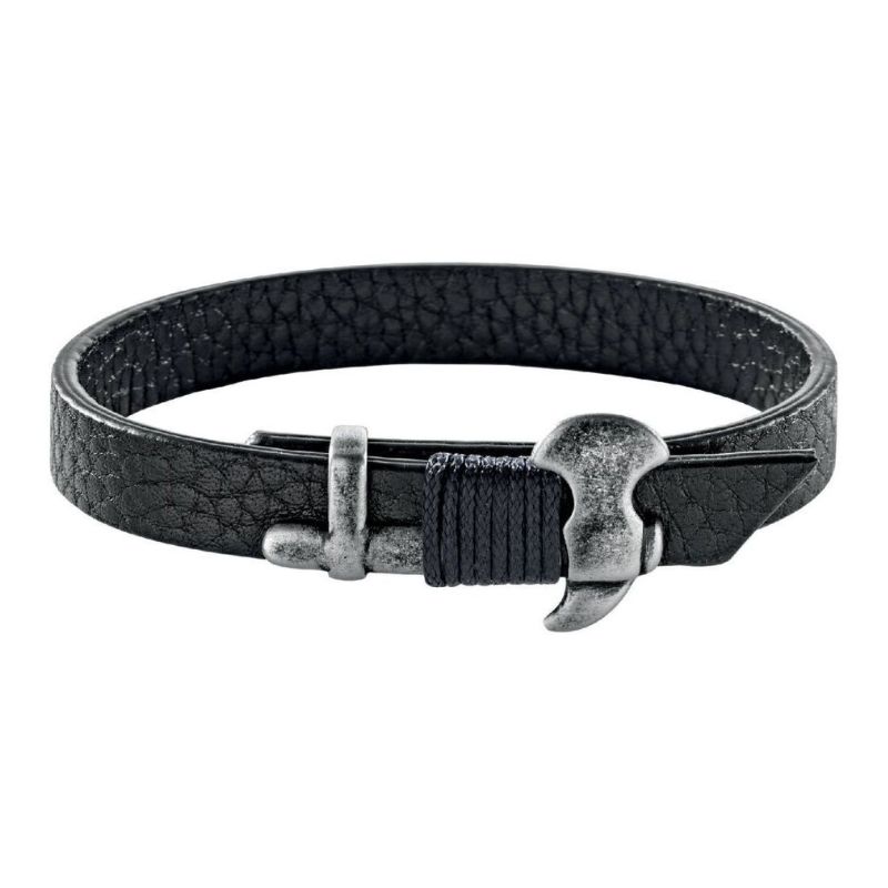 Bracciale da uomo Sector in pelle nera con chiusura a forma di ancora in metallo brunito. Stile marinaro e dettagli vintage.