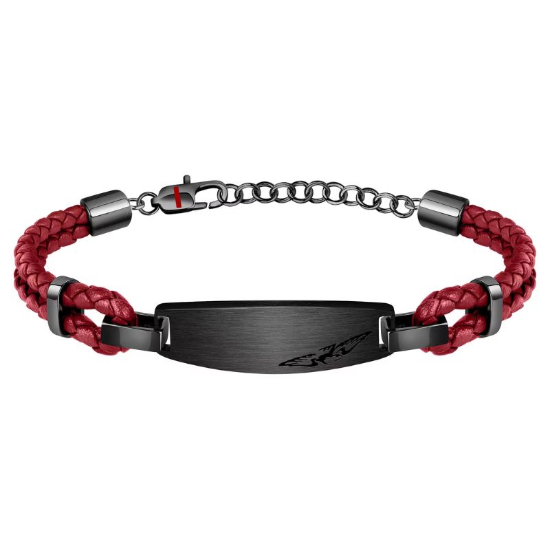 Bracciale Sector da uomo in pelle rossa intrecciata e piastra in acciaio nero con aquila incisa, chiusura regolabile.