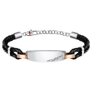 Bracciale da uomo Sector con doppio cordino in cuoio nero, piastra in acciaio lucido con aquila incisa e dettagli oro rosa.