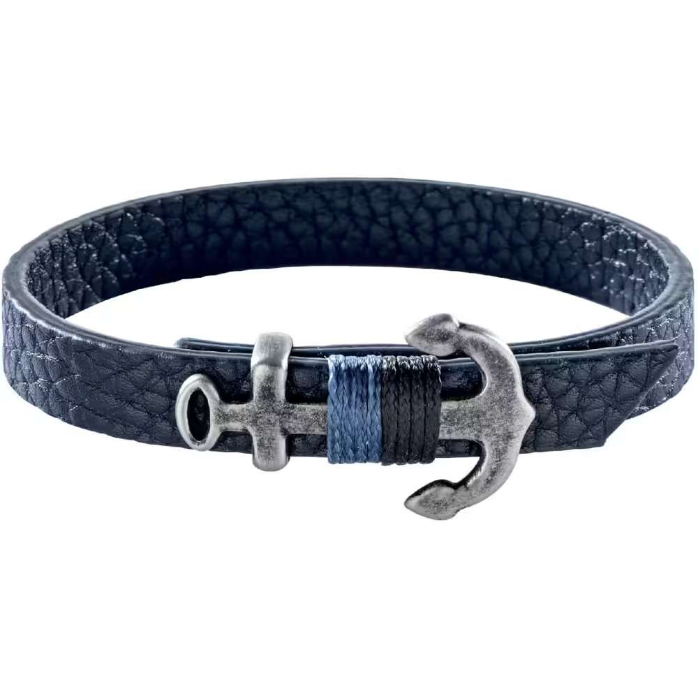 Bracciale in pelle blu con chiusura a forma di ancora e dettaglio in corda: uno stile deciso che richiama il mondo marinaro.