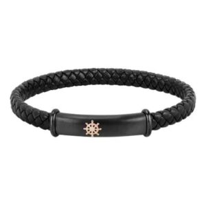 Bracciale da uomo Sector in cuoio nero intrecciato con placca e timone dorato