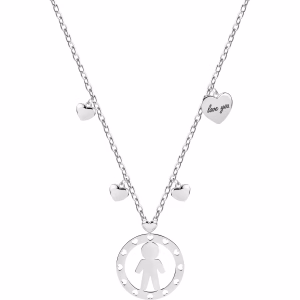 Collana Morellato SAQE02 – Talismano d'amore con bimbo stilizzato e cuori pendenti. Incisione "love you"