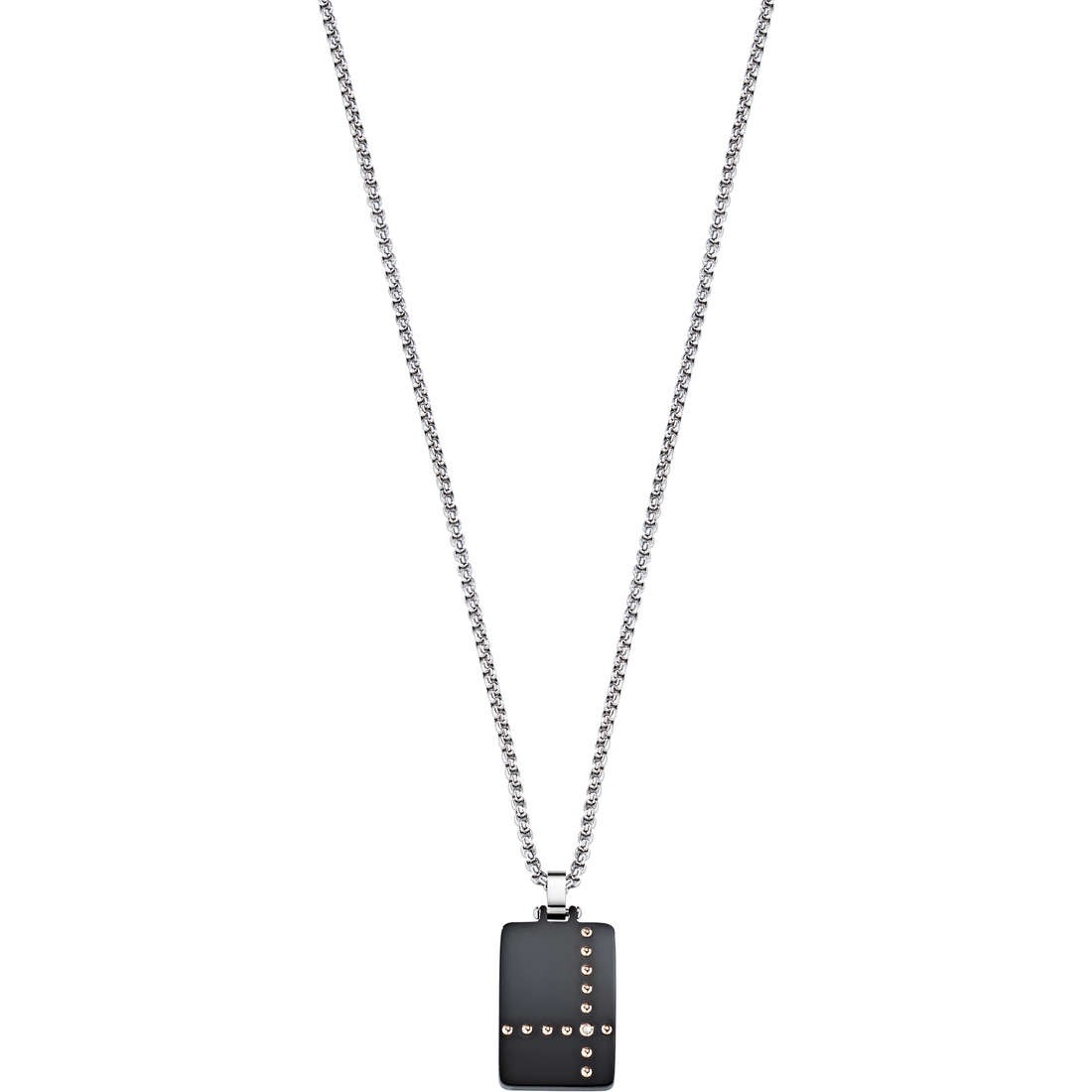 Collana da uomo Morellato SKR29 in acciaio con ciondolo nero e dettagli rosati a forma di croce. Design moderno e simbolico per uno stile deciso.
