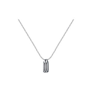 Collana da uomo in acciaio con pendente cilindrico e dettagli a rete: stile moderno e grintoso in un gioiello essenziale.