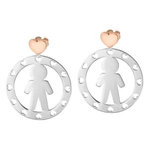 Orecchini Morellato in acciaio con bambino stilizzato, cuori traforati e dettagli rosé. Un simbolo d’amore eterno da indossare.