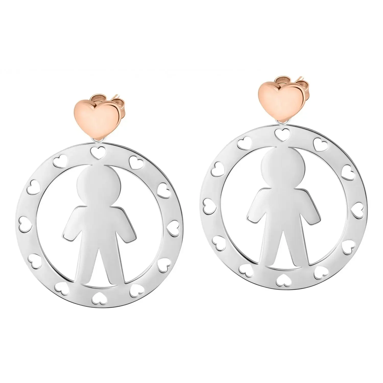Orecchini Morellato in acciaio con bambino stilizzato, cuori traforati e dettagli rosé. Un simbolo d’amore eterno da indossare.