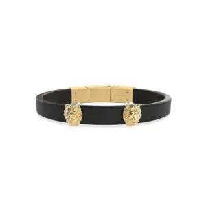 Bracciale Uomo in Pelle Nera con Teste di Leone in Acciaio Dorato (mod.7618584961810)