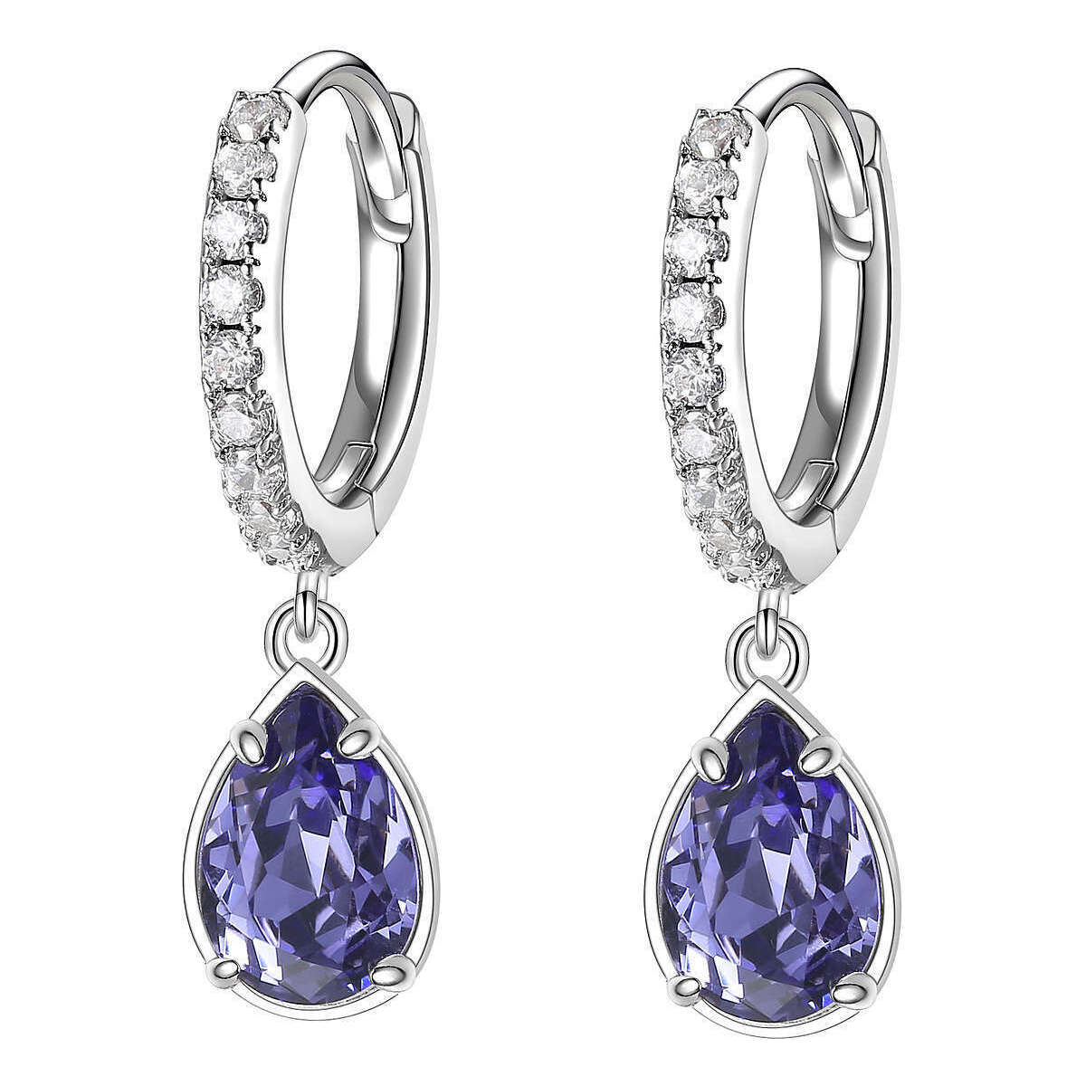 Orecchini Brosway Affinity BFF135 con cerchi in acciaio e pendenti a goccia viola.