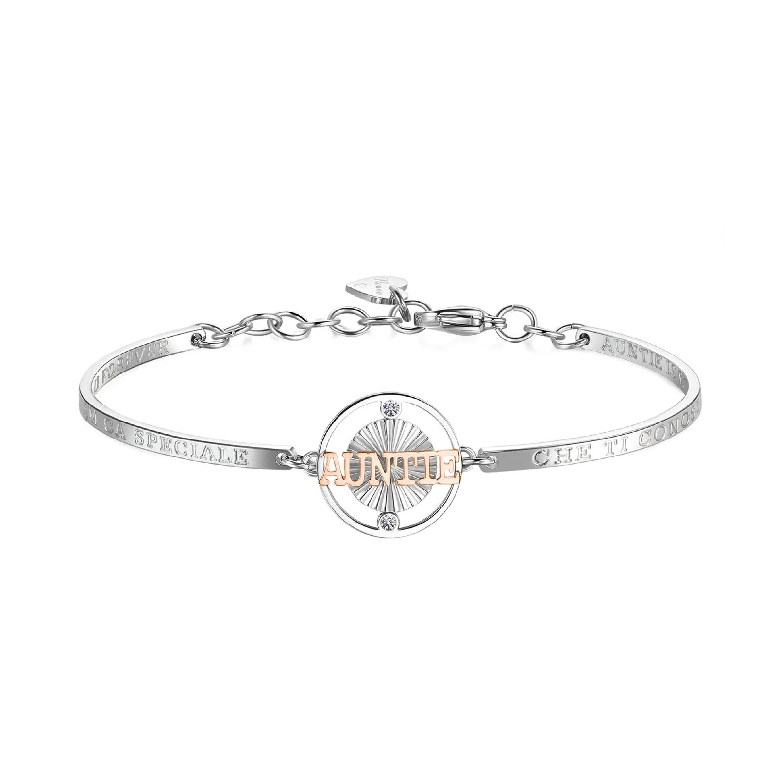 Bracciale Brosway BHK409 della Collezione Chakra con dedica alla zia. In acciaio con scritta “AUNTIE” in oro rosa e cristalli brillanti. Un pensiero prezioso per una persona speciale.