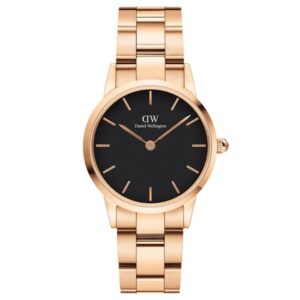 Orologio Daniel Wellington Iconic Link da donna con cassa e bracciale in acciaio inox color oro rosa, quadrante nero elegante e movimento al quarzo.