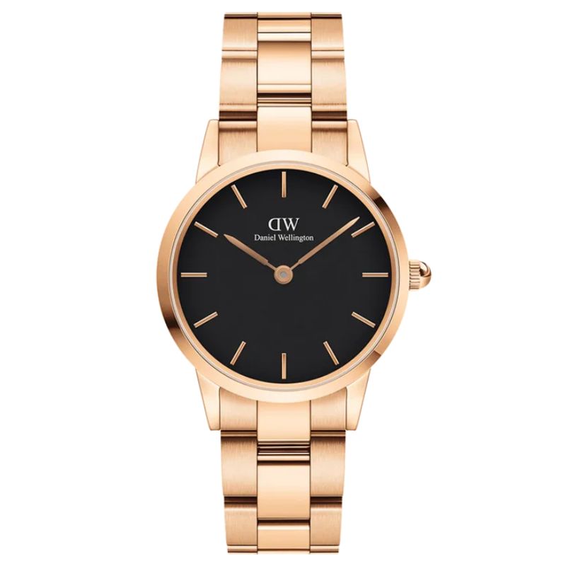 Orologio Daniel Wellington Iconic Link da 40 mm in acciaio oro rosa con quadrante nero. Design elegante e moderno per ogni occasione.