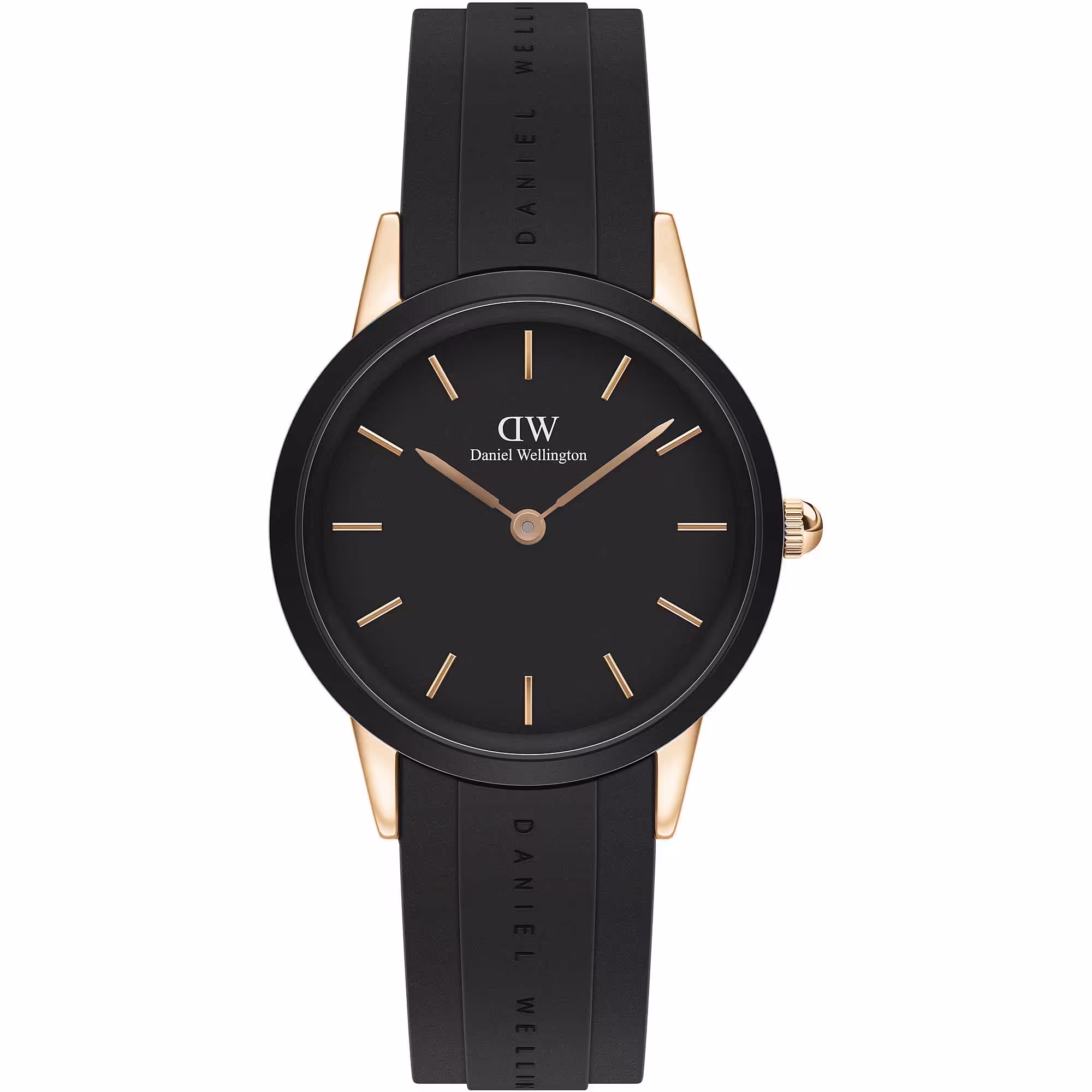 Orologio da uomo Daniel Wellington Iconic Motion DW00100425 con cassa nera da 40 mm, quadrante nero e dettagli oro rosa.