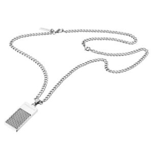 Collana Police da uomo in acciaio lucido con pendente geometrico rettangolare e logo. Stile essenziale, look deciso.