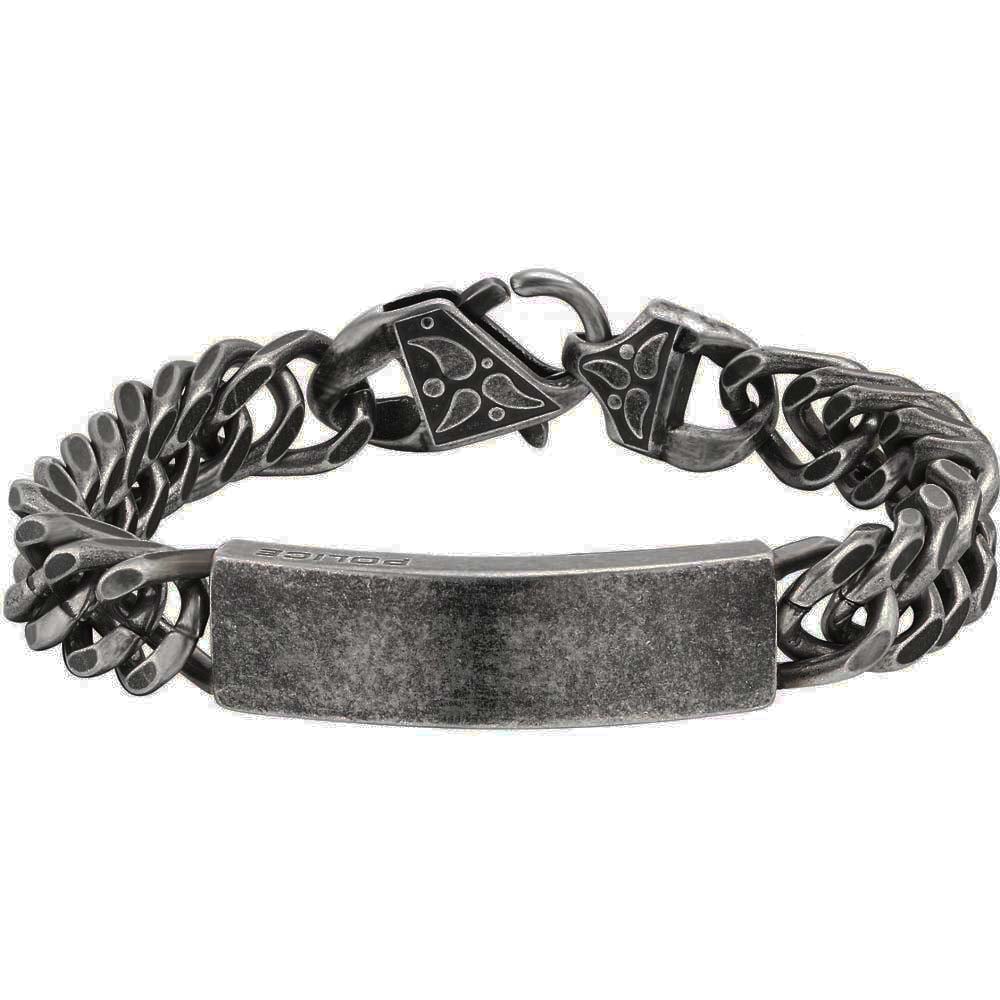 Bracciale uomo Police in acciaio brunito con catena cubana e placca centrale opaca. Design forte, ideale per chi ama uno stile industrial e grintoso.