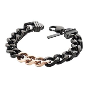 Bracciale Police da uomo in acciaio nero con maglie centrali color rame rosato. Design grintoso ed elegante, perfetto per ogni occasione.