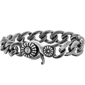 Bracciale da uomo Police in acciaio brunito con maglia grumetta e chiusura decorativa dal look vintage. Stile forte e anticonvenzionale.