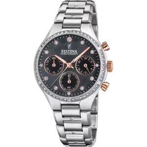 Orologio Festina F20401/4 da donna, con quadrante nero madreperla, dettagli oro rosa e cronografo. Eleganza e funzionalità in un design luminoso e moderno.