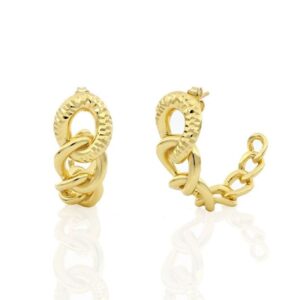 Orecchini a mezzo cerchio in bronzo dorato con catena composta da maglie lisce e martellate.