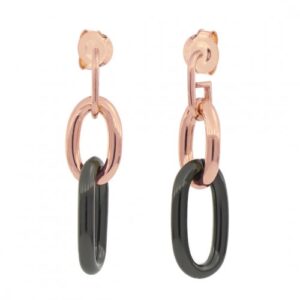 Orecchini Unoaerre a catena con anelli oro rosa e dettaglio finale nero.