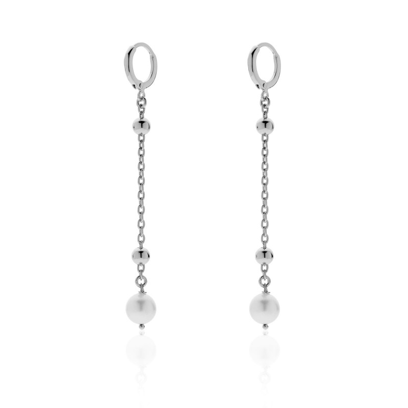 Orecchini pendenti Unoaerre con catena sottile, sfere lucide e perle bianche
