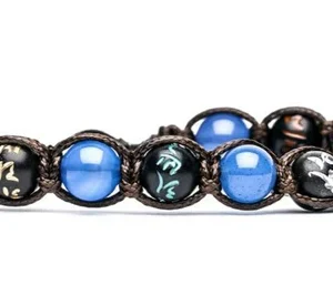 Bracciale Tamashii in Agata Blu e Pietre Mantra – Cordino Marrone (mod.2100000004522)